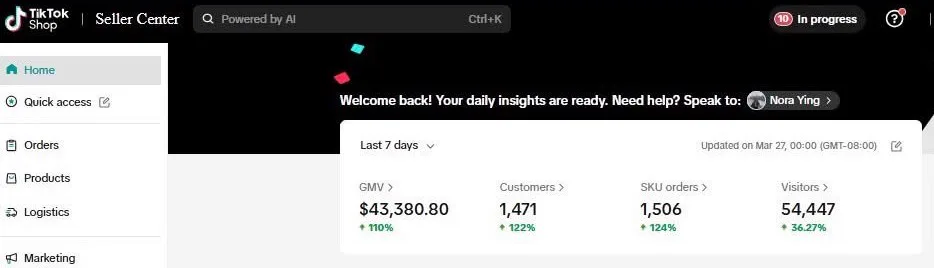 TikTok Portfolio 01, TikTok Shop performance dashboard screenshot